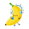 Banana listens to music on headphones with a smartphone. Vector hand drawn cartoon kawaii character illustration icon