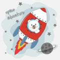 Cute funny bear astronaut flying on a rocket.