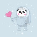 Cute funny bear panda astronaut in space with a pink heart Royalty Free Stock Photo