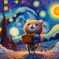 A cute funny bear rides down the street on a bicycle, starry sky and billowing clouds at the backdrop, mysterious, anime style