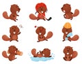 Cute Funny Beaver Character in Different Actions Vector Set