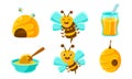 Cute Funny Bees, Beehive, Fresh Honey, Organic and Natural Honey Products Set Vector Illustration