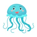 Cute funny blue jellyfish print on white background. Ocean cartoon animal character for design of album, scrapbook, greeting card Royalty Free Stock Photo