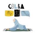 Cute funny blue sloth practiced yoga exercises on home mat in cobra pose, snake icons