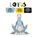 Cute funny blue sloth practiced yoga exercises on home mat in lotus pose, lily flowers icons