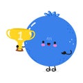 Cute funny Blueberry hold gold trophy cup. Vector hand drawn cartoon kawaii character illustration icon. Isolated on white Royalty Free Stock Photo