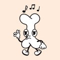 Cute funny bone walking singing character. Vector hand drawn traditional cartoon vintage, retro, kawaii, doodle