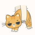 Cute funny borring face ginger kitten cat lifted by human hand cartoon doodle vector illustration