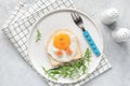 Cute funny breakfast for kids. Chicken shaped sandwich or toast on white plate Royalty Free Stock Photo
