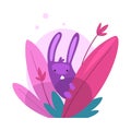 Cute Funny Bunny Hiding and Peeking Out of Colorful Dense Grass Vector Illustration