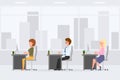 Business colleagues sitting at desk, typing on computer, laptop vector. Man, woman coworkers in office interior cartoon character