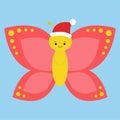 Cute and funny butterfly wearing Santa s hat and smiling - . Kawaii Christmas card
