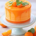 Delicious orange cake decorated with fresh mandarins, selective focus.