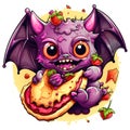 Cute and funny cartoon baby bat eats pizza