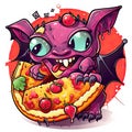 Cute and funny cartoon baby bat eats pizza