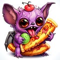 Cute and funny cartoon baby bat eats pizza