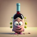 Cute and Funny Cartoon Bottle of Tipsy Red Wine, Generative AI