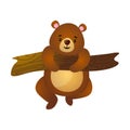 Cute funny cartoon brown grizzly teddy bear climbing on branch of tree Royalty Free Stock Photo