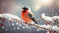 Cute funny cartoon bullfinch bird snowy branch fun design holiday winter