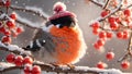 Cute funny cartoon bullfinch bird snowy branch fun design holiday winter snow