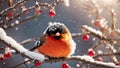 Cute funny cartoon bullfinch bird snowy branch