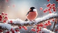 Cute funny cartoon bullfinch bird a snowy branch