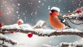 Cute funny cartoon bullfinch bird on a snowy branch