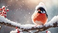 Cute funny cartoon bullfinch bird snowy branch fun