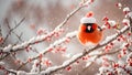 Cute funny cartoon bullfinch bird wearing santa hat on a snowy branch