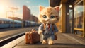 Cute funny cartoon cat in clothes with a suitcase on platform holiday furry fun