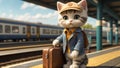 Cute funny cartoon cat in clothes with a suitcase on platform tourist furry