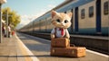 Cute funny cartoon cat in clothes with a suitcase on platform tourist furry fun