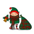 Cute funny cartoon character christmas elf with long scarf holding gift bag and handbell, isolated on white background Royalty Free Stock Photo