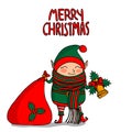 Cute funny cartoon character christmas elf with long scarf holding gift bag and handbell, isolated on white background Royalty Free Stock Photo