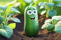 Cute funny cartoon character cucumber on garden bed Royalty Free Stock Photo