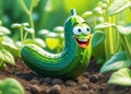 Cute funny cartoon character cucumber on garden bed Royalty Free Stock Photo