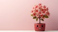 cute funny cartoon character happy potted flower in pot on pink background with copy space