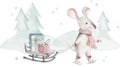 Cute funny cartoon christmas mouse christmas card. Watercolor hand drawn rat animal illustration. New Year 2020 holiday