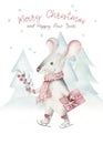 Cute funny cartoon christmas mouse christmas card. Watercolor hand drawn rat animal illustration. New Year 2020 holiday Royalty Free Stock Photo