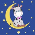 Cute funny cartoon cow is sitting on the moon Royalty Free Stock Photo