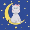 Cute funny cartoon hippo is sitting on the moon Royalty Free Stock Photo