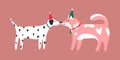 Cute funny cartoon kissing dogs in party hat. Postcard with Dalmatian and Shiba Inu. Vector illustration in for Royalty Free Stock Photo