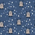 Cute funny cartoon monsters. Hand drawn seamless pattern on blue background Royalty Free Stock Photo