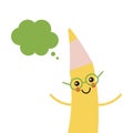 Cute and funny cartoon pencil character with thought bubble or cloud, smiling, thinking or generating creative idea