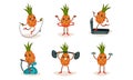 Cute and Funny Cartoon Pineapple Character Exercising on Treadmill and Lifting Dumbbell Vector Set