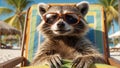 cute funny creative raccoon on the beach happy sunglasses sunbathing ? leaves