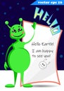 Green funny cartoon style alien with sturry sky