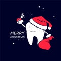 Cute funny cartoon tooth in a Santa hat in red mittens with a bag of gifts and a bell. Royalty Free Stock Photo