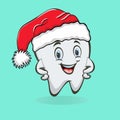 Cute funny cartoon tooth wearing Santa Claus hat. Vector concept of greeting New Year and Christmas for dental clinic Royalty Free Stock Photo