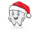 Cute funny cartoon tooth wearing Santa Claus hat. Vector concept of greeting New Year and Christmas for dental clinic Royalty Free Stock Photo